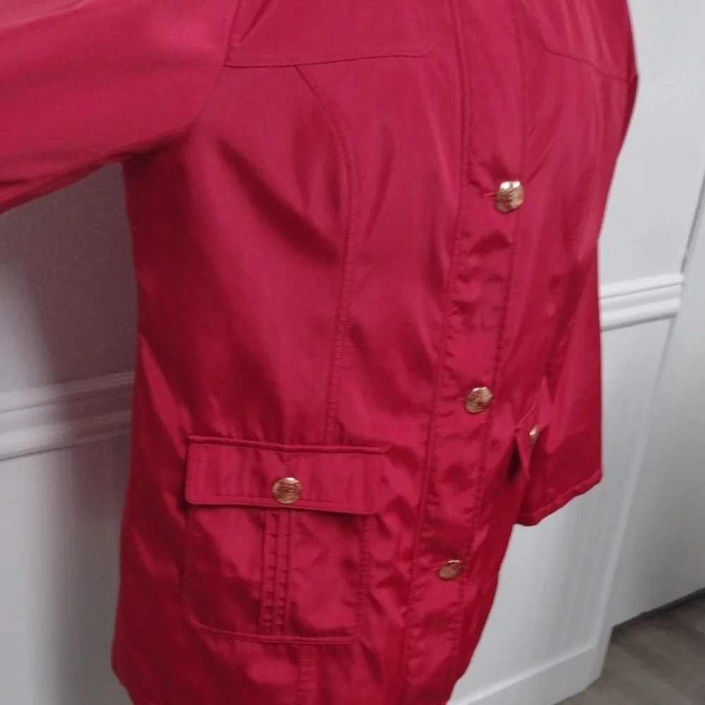 Dennis Basso Red Hooded Puffer Coat with Fur Trim - Picture 5 of 16